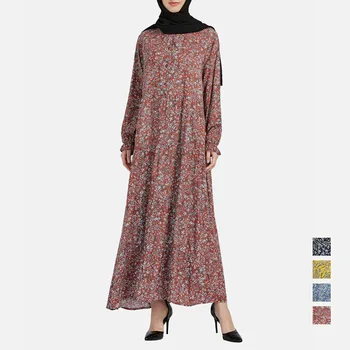בתוספת גודל של נשים פרחוני חצאיות המוסלמים בגדים האסלאמית אלגנטי Abaya הדפס שרוול ארוך טורקיה Kaftans דובאי ערבי בנות שמלות