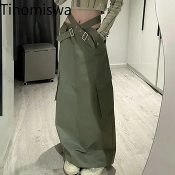 Tinomiswa מטען חצאית נשים לחצות גומי גבוהים מותניים צבע טהור קו-קיץ הגעה לניו אופנת רחוב עגל אמצע חצאיות פאטאל