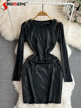 נצנצים Slim-Fit שמלה שחורה לנשים 2023 אביב סתיו ארוך שרוול רשת טלאים סביב הצוואר למותניים גיזום שמלה קצרה