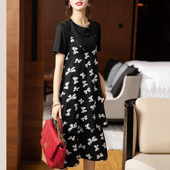 #4577 שחור ללא שרוולים רצועות ספגטי שמלת נשים קשת מודפס לא סדיר קו-Office שני חלקים סט חולצת פיג ' ו השמלה