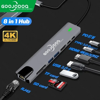 USB C רכזת סוג C ל-HDMI תואם USB 3.0 מתאם 8 1 סוג C רכזת RJ45 משטרת מטען רציף עבור ה-MacBook Pro אוויר USB C ספליטר
