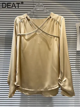 DEAT 2023 הסתיו קולקציה חדשה מזדמן V-צוואר לחצות עיצוב סאטן חולצת נשים שרוול ארוך טלאים החולצה הנשית 11XX5618