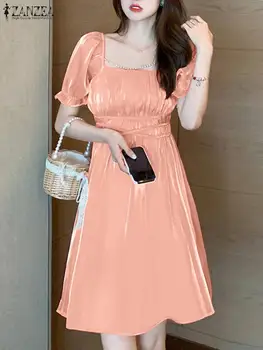 ZANZEA אופנה קוריאנית קצרות שמלה קצרה פאף שרוול צוואר מרובע מיני שמלה עם קפלים קדמי מבריק Vestido מסיבת נשים אלגנטי החלוק