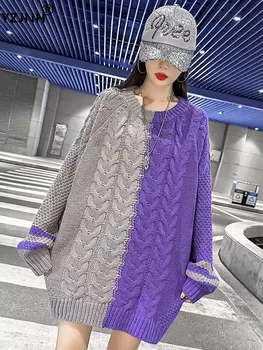YZJNH 2023 סתיו/חורף חדש בסגנון אירופאי עבה חוט ניגוד עיצוב ורפוי חופשי באמצע אורך סוודר לנשים
