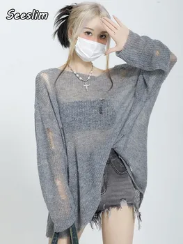Seeslim Sweter כבד אפור של האישה זרועות ארוכות סוודר אופנה קוריאה מגשר שיק היאבקות אישה גודל 2023 ליפול
