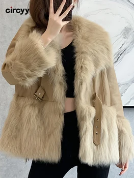 Circyy נשים מעיל הפרווה המזויפת מעיל סתיו חורף 2023 לעבות חם שרוול ארוך עם חגורה רופפת קוריאני אופנה משובחת נשי מעיל