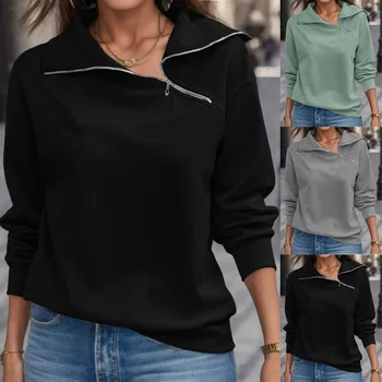 נשים רוכסן צוואר גבוה הסווטשרט של נשים השרוול הארוך Slim Fit רחוב Pullovers נקבות 2023 סתיו מזדמן קט