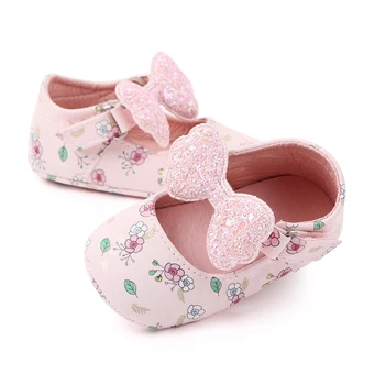 אמא&baby 0-18M התינוק הנולד בנות פרח חמוד הדפסה פאייטים קשת עור PU נעליים הראשונה מהלכים החלקה הנסיכה נעליים D06