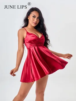 יוני השפתיים 2023 חדש גדול להניף את שמלת קיץ רצועות טהור רצון גדול פתוח בגב המותניים שמלה קצר שמלה אדומה סקסית, שמלה סיטונאית