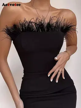 Aotvotee שמלת נשים סקסית נוצות סטרפלס שמלה ללא משענת רזה אלגנטי אופנה קוריאנית ערב, שמלות צד 2023