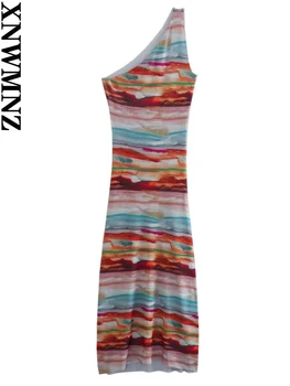 XNWMNZ אופנת נשים אסימטרי סרוגים שמלת אישה חופשה בסגנון גזרה נשית עם שיק שמלות Midi