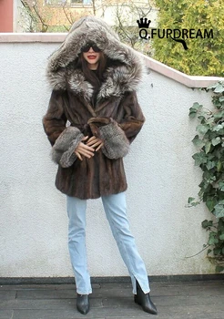 קיו FURDREAM יוקרה טבעי מינק מעיל פרווה לנשים סילבר פוקס פרווה גדול הוד אופנה טהור חורפן פרווה לבוש החורף של הנשים מעיל קר