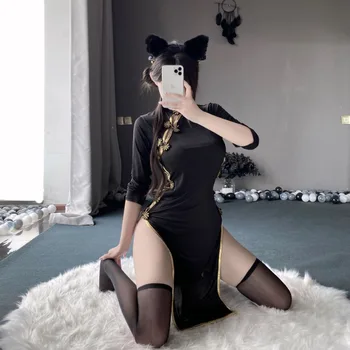 סקסית סיני Cheongsam הלבשה תחתונה השמלה הגותית השחורה סקסית גבוהה פיצול פיתוי נשים, כותנות לילה Fantasias Femininas Adultas 2023