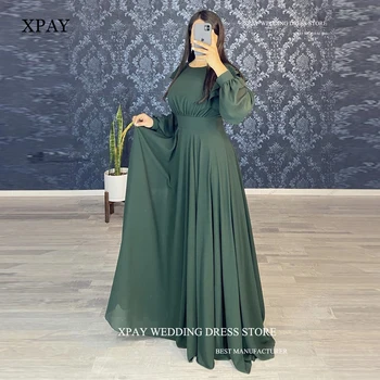 XPAY צנוע ירוק כהה שיפון קו שמלות ערב שרוול ארוך O-צוואר ערבית אמא רשמית אירוע שמלה פשוטה נשף מסיבה