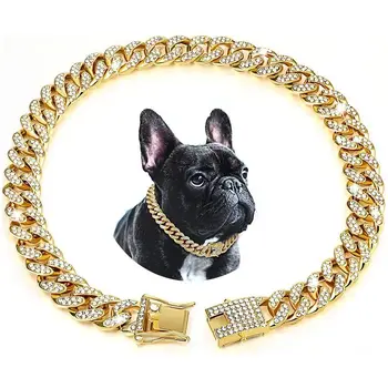הכלב קולר שרשרת עם מלא יהלומים קובני שרשרת הכלב שרשרת הקולר נעילת אבזם זהב כסף כלב שרשרת