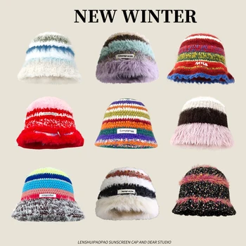2023 החורף Y2k פרווה לסרוג כובע דלי נשים קוריאני רטרו חם דייג כובע גבירותיי לסרוג כובעים כובע אביזרים