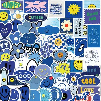 10/50PCS כחול תוספות בסגנון סמיילי מעודד ביטוי מדבקה לילדים פרס מדבקה נקודות צהובות תוויות חיוך מאושר מדבקה