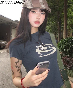 האמריקאי רחוב שרוול קצר נשים קיץ חדשות כותנה חולצת וינטג Y2K סלים הדפסה גרפית אופנת רחוב יבול מקסימום Mujer