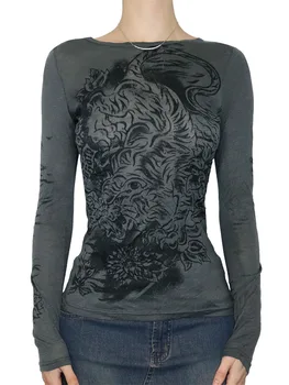 נשים גראנג ' AestheticTops בציר 2000 אפור כהה עם הנמר השחור יצירות אמנות רך גמיש לראות דרך חולצות
