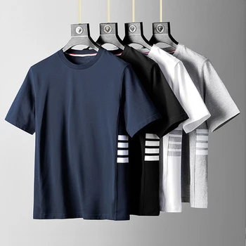 שחפת טום גברים חולצת כותנה צד לבן 4-ברים פסים O-צוואר Tees 2023 ההגעה קוריאנית עיצוב חולצות ספורט חיצוני החולצות.