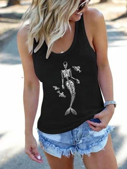 Seeyoushy מצחיק נשים נשים חדשות Y2K חולצת וינטג גולגולות הדפסה מזדמנים קיץ אפוד ללא שרוולים פאטאל וסט חולצות Tees-90 מקסימום