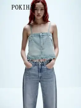Pokiha האופנה לנשים ג 'ינס דק רצועת קצוץ גופיות וינטאג' סקסית ללא שרוולים נקבה שיק Camis Mujer