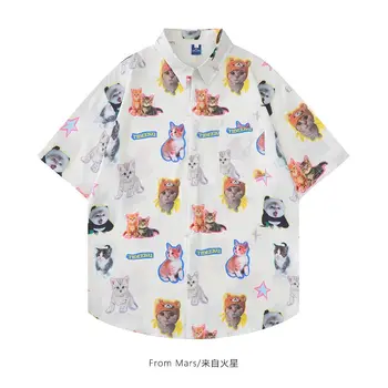 אירופה ואמריקה, רחוב חתול קצר שרוול החולצה חופשי זוג מזדמנים החולצה גרפי חולצות נשים בגדי harajuku