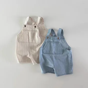 2023, קיץ, סתיו התינוק אוברול ג ' ינס תינוקות בנים מוצק כיס כתפיות שאיפה בנות סרבל ילדים כותנה מזדמנת עם פסים קצרים.