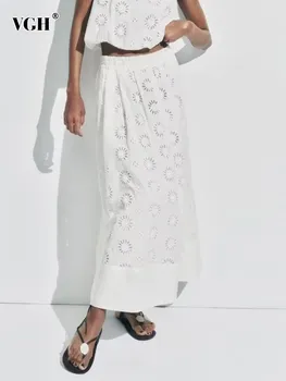 VGH לבן אלגנטי חצאיות לנשים גבוהה המותניים חלול החוצה טלאים כיסים soild casaul רופף ארוך חצאית נשית בגדי הקיץ
