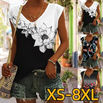 פרחים מודפסים חולצה חדשה לנשים ללא שרוולים חולצת נשים גרפי טי-שירט נשים אופנה גדולה גופיה XS-8XL