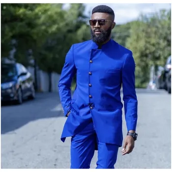 כחול רויאל לעמוד צווארון סלאש כפתור חתונה חליפות גברים לובשים טוקסידו חתן Slim Fit הנשף בלייזר Terno Masculino 2 יח ' קט+מכנסיים