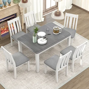 בסגנון רטרו 7 חלקים שולחן האוכל מסודר עם להארכה שולחן ו-6 כסאות מרופדים