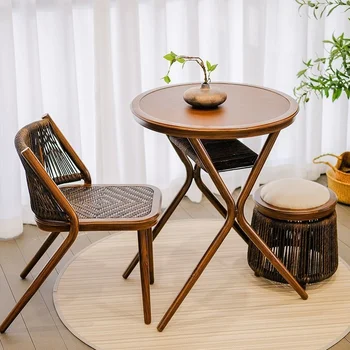 מרפסת שולחן כיסא קש אגוז פשוטה רטרו בסגנון סיני פנאי בר שילוב אחסון חיצונית תה, שולחן קש צואה