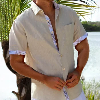 קיץ גברים של האופנה החדשה קנבוס כותנה פשוטה דש צבע מזדמנים החולצה פיצוץ