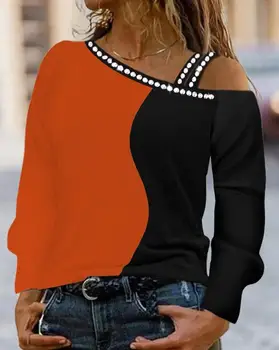 אישה האופנה ריינסטון דקור העליון של נשים בגדים מזדמנים Colorblock כתף קרה נשים חולצת טריקו שרוול ארוך