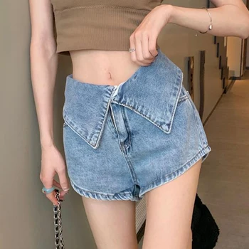Rimocy קוריאנית גבוהה המותניים מכנסי ג 'ינס קצרים נשים 2023 הקיץ Revers עיצוב Y2K קצר ג' ינס האישה ישר אופנת רחוב קצרים נשיים