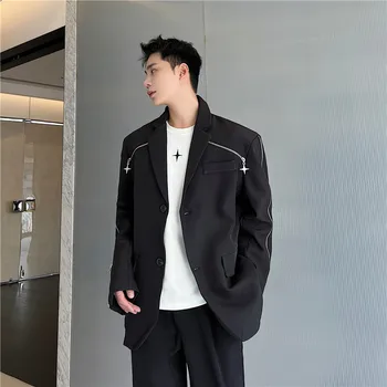 2023 סתיו סגנון קוריאני אישיות רב ציפר עיצוב החליפה גברים מזדמנים רופף שחור פרוע חליפה לגברים M-XL