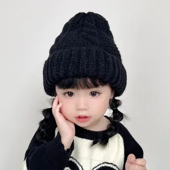 חורף חם סרוגים תינוק כובע צבע מוצק לסובב לסרוג כובע על ילד פעוט, בחורה פשוטה רכה עבה ילדים מתחמם ביני בונט