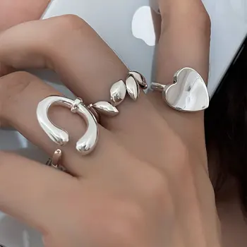 אופנה חדש צבע כסף לפתוח טבעת אצבע עלה הלב גיאומטריות פאנק מלוטש לנשים ילדה תכשיטים מתנה Dropship סיטוני