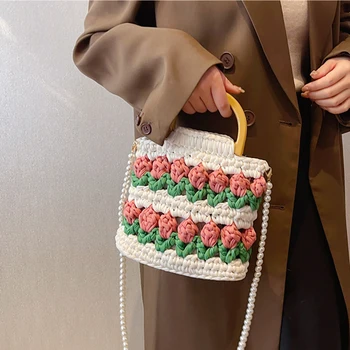 פרח ארוגים ביד DIY סרוגים תיק נשים כותנה צמר תיק חדש כתף תיק שליח קוריאני סגנון פרל שרשרת סרוגה התיק