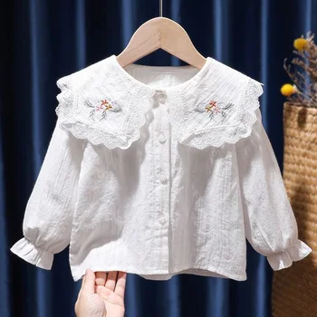 ילדים קוריאנים בגדי האביב הסתיו מוצק רקמה כפתור החולצה אופנה בובה קולר קפלים ארוכה שרוול חולצת ילדים ילדה