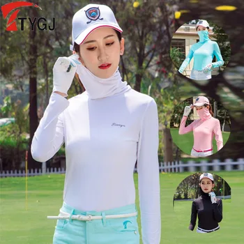 TTYGJ נשים קיץ קרח משי חולצות הגולף בנות קרם הגנה ארוכת שרוול ספורט בגדי סלים קירור אנטי-UV מקסימום עם המסכה