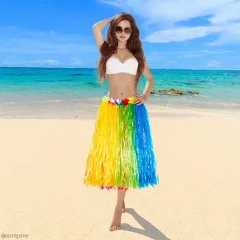 צבעוני סיבי פלסטיק בנות אישה הוואי חצאית דשא תחפושת פרחים מתוק חצאיות שמלת מסיבת חוף הוואי טרופי