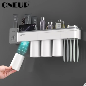 ONEUP מגנטי ספיחה מחזיק מברשת שיניים בתיק עם 4 כוסות אחסון בבית מתלה את חדר האמבטיה על הקיר אביזרי אמבטיה