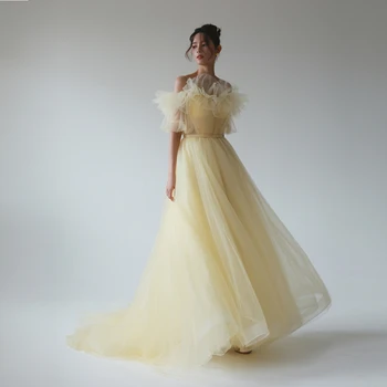 רוסלה פיית אור צהוב רצועות ספגטי שמלות נשף טול רכבת לטאטא גן רשמית מפלגה שמלת נשף קוריאנית עיצוב חדש 2023