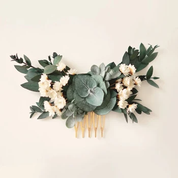 עבודת יד כלה בוהו ראש ירק אקליפטוס מסרק שיער כלה חתונה רומנטית פרחים מיובשים המסרק עבור השושבינות