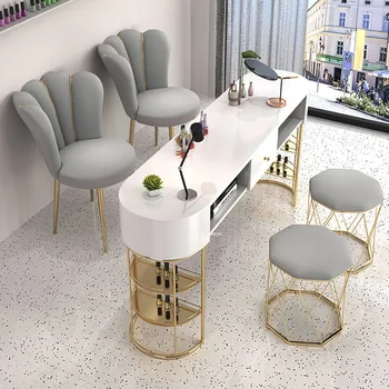 פשוט זכוכית מחוסמת מסמר שולחן סלון יופי רהיטים מקצועי מניקור שולחן אור יוקרה כפול מסמר שולחנות עם מגירה