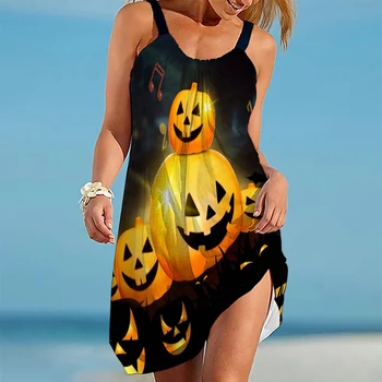 דלעת Traf אימה גותי רוח Halloweeen Vestido 3D מודפס ללא שרוולים שמלות חוף הגולגולת של נשים המחבט Costum Y2K הוואי