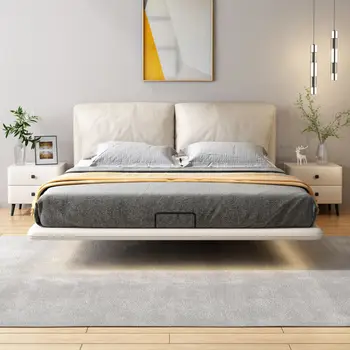 ריהוט חדר שינה פשוט, מודרני מושעה המיטה עם מנורת יצירתי תלוי קרם סגנון כפול עור רך המיטה