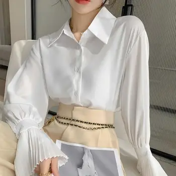 אופנה אישה חולצה 2023 צרפתי משובח קפלים התלקח שרוולים אלגנטיים, חולצה לבנה נשים עם שרוולים ארוך יוממות העליון Camisas